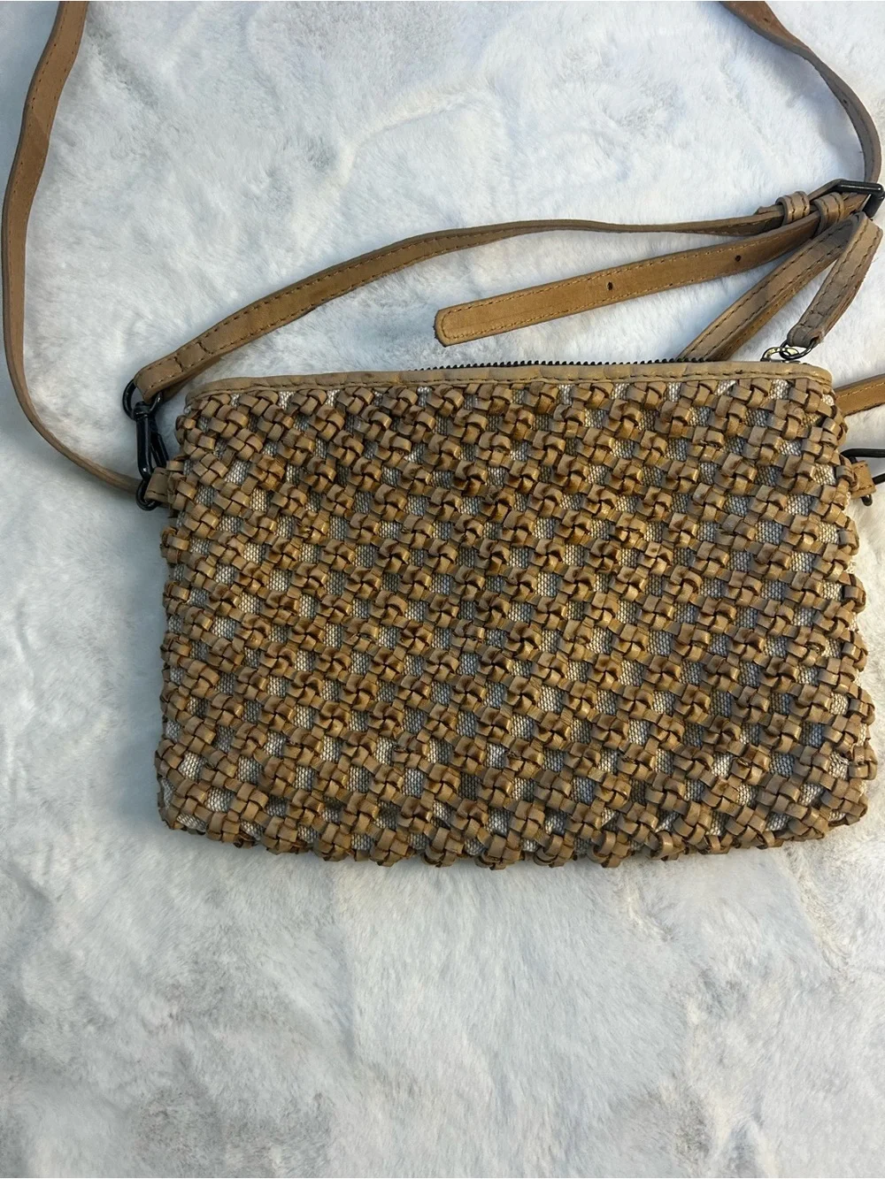 Woven Leather Crossbody Bag Tan Boho Shoulder Purse Neutral Basket Weave